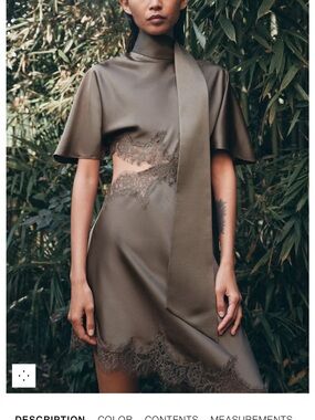 Zara Olive Satin Mini Dress with Lace Insets and Neck Tie